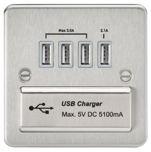 Flat Plate Quad USB charger outlet - Brushed chrome with grey insert