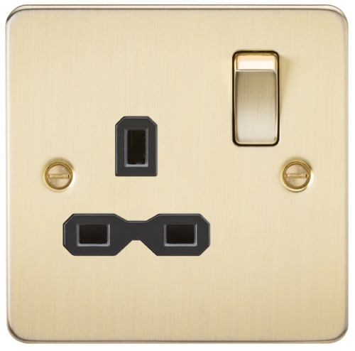Flat plate 13A 1G DP switched socket - brushed brass with black insert