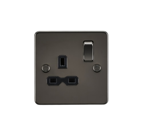 Flat plate 13A 1G DP switched socket - gunmetal with black insert
