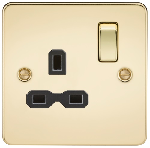 Flat plate 13A 1G DP switched socket - polished brass with black insert
