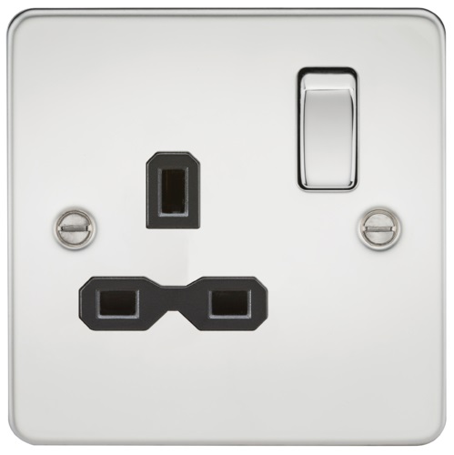 Flat plate 13A 1G DP switched socket - polished chrome with black insert