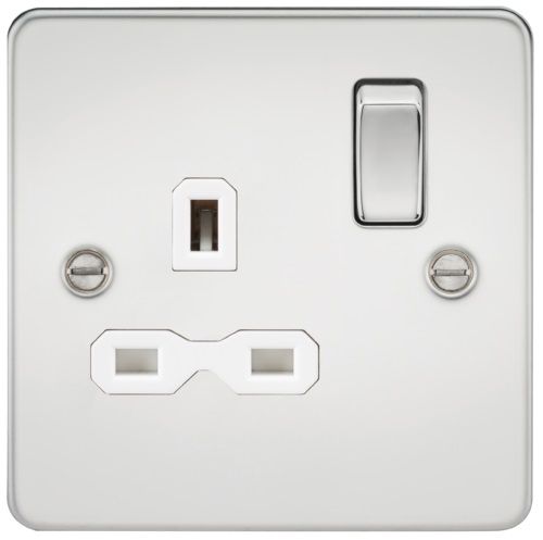 Flat plate 13A 1G DP switched socket - polished chrome with white insert