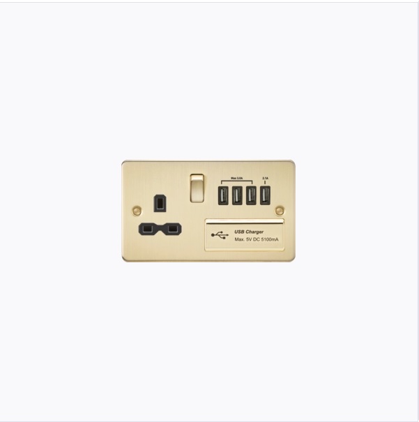 Flat plate 13A switched socket with quad USB charger - brushed brass with black insert
