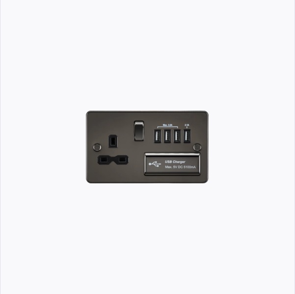 Flat plate 13A switched socket with quad USB charger - gunmetal with black insert