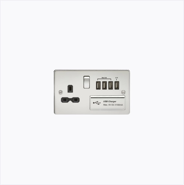 Flat plate 13A switched socket with quad USB charger - polished chrome with black insert