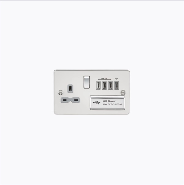 Flat plate 13A switched socket with quad USB charger - polished chrome with grey insert