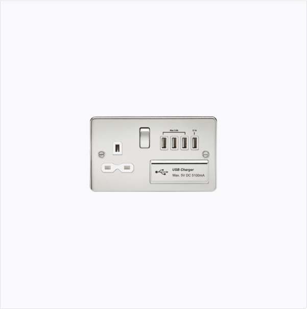 Flat plate 13A switched socket with quad USB charger - polished chrome with white insert
