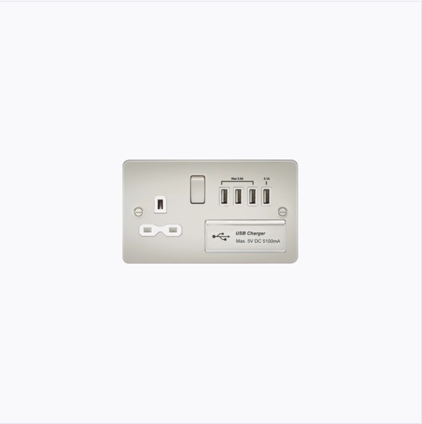 Flat plate 13A switched socket with quad USB charger - pearl with white insert