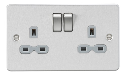 Flat plate 13A 2G DP switched socket - brushed chrome with grey insert