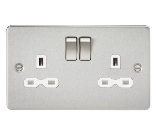 Flat plate 13A 2G DP switched socket - brushed chrome with White insert