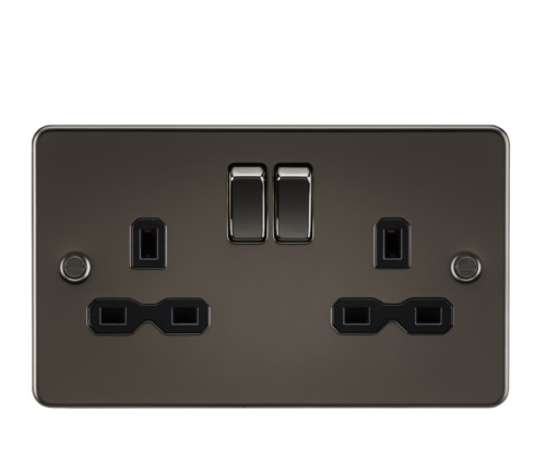 Flat plate 13A 2G DP switched socket - gunmetal with black insert