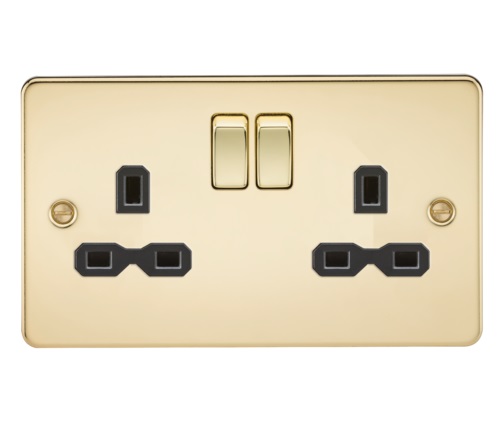 Flat plate 13A 2G DP switched socket - polished brass with black insert