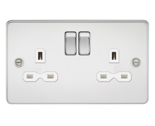 Flat plate 13A 2G DP switched socket - polished chrome with white insert