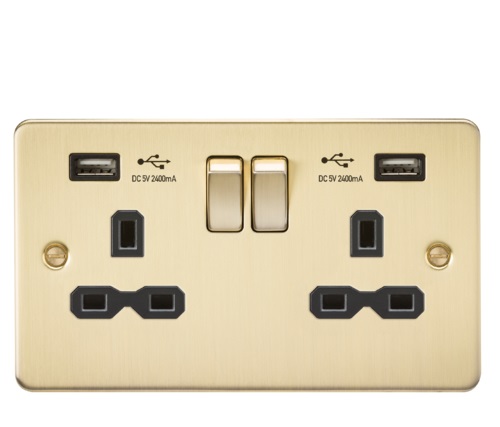 Flat plate 13A 2G switched socket with dual USB charger (2.4A) - brushed brass with black insert