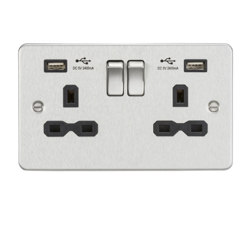 Flat plate 13A 2G switched socket with dual USB charger (2.4A) - brushed chrome with black insert