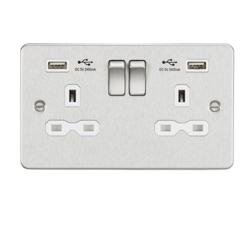 Flat plate 13A 2G switched socket with dual USB charger (2.4A) - brushed chrome with white insert
