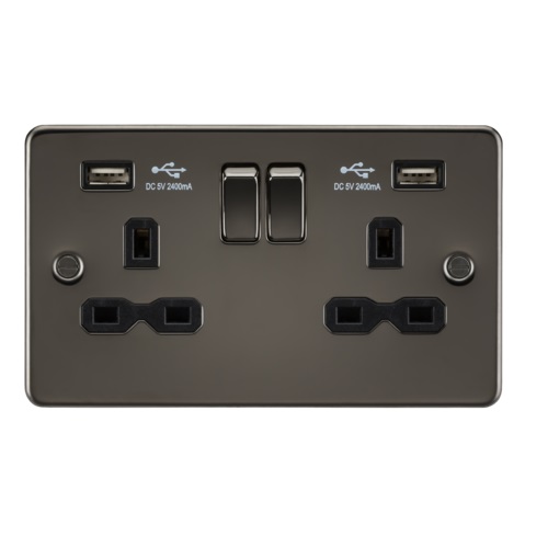 Flat plate 13A 2G switched socket with dual USB charger (2.4A) - gunmetal with black insert