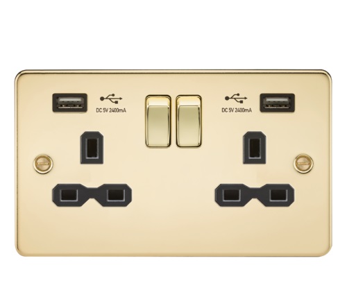 Flat plate 13A 2G switched socket with dual USB charger (2.4A) - polished brass with black insert