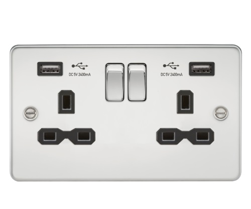 Flat plate 13A 2G switched socket with dual USB charger (2.4A) - polished chrome with black insert