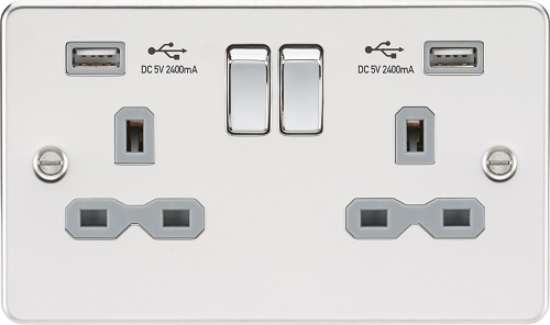 Flat plate 13A 2G switched socket with dual USB charger (2.4A) - polished chrome with grey insert