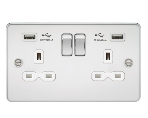 Flat plate 13A 2G switched socket with dual USB charger (2.4A) - polished chrome with white insert