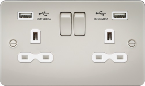 Flat plate 13A 2G switched socket with dual USB charger (2.4A) - pearl with white insert