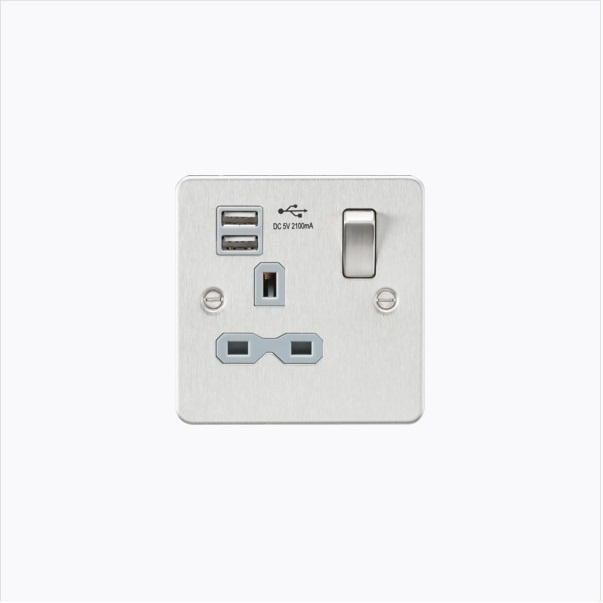 Flat plate 13A 1G switched socket with dual USB charger (2.1A) - brushed chrome with grey insert