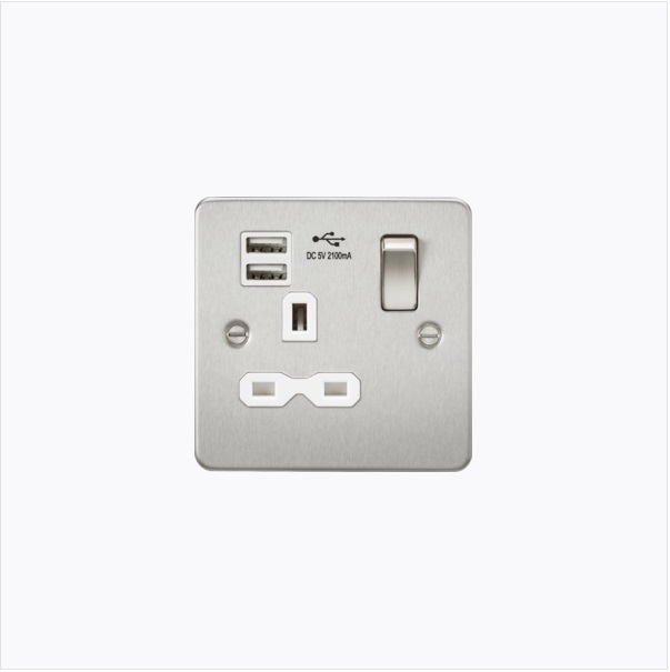 Flat plate 13A 1G switched socket with dual USB charger (2.1A) - brushed chrome with white insert