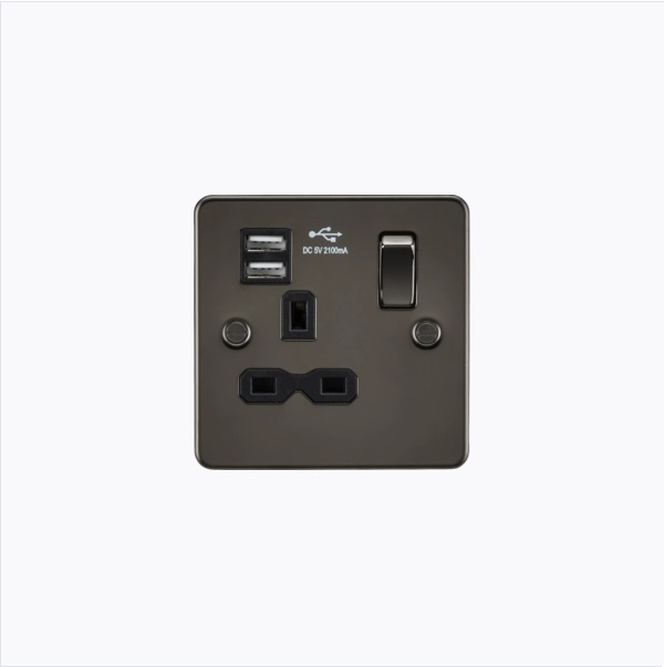 Flat plate 13A 1G switched socket with dual USB charger (2.1A) - gunmetal with black insert