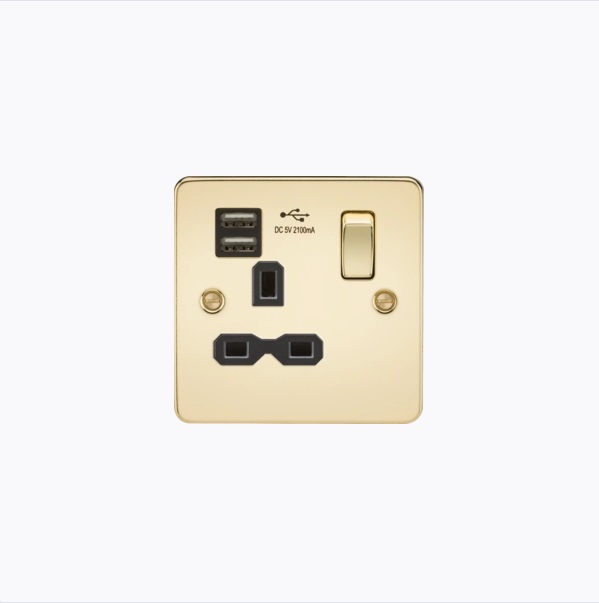 Flat plate 13A 1G switched socket with dual USB charger (2.1A) - polished brass with black insert
