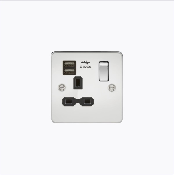 Flat plate 13A 1G switched socket with dual USB charger (2.1A) - polished chrome with black insert