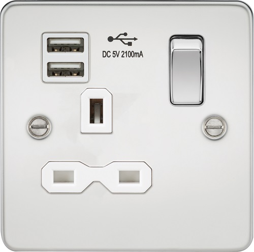 Flat plate 13A 1G switched socket with dual USB charger (2.1A) - polished chrome with white insert
