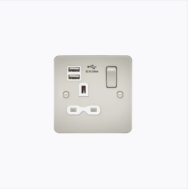 Flat plate 13A 1G switched socket with dual USB charger (2.1A) - pearl with white insert
