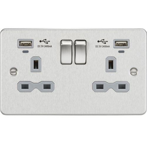 13A 2G Switched Socket, dual USB charger (2.4A) with Indicators - Brushed Chrome with grey insert
