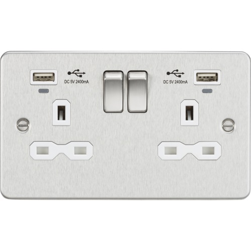 13A 2G Switched Socket, dual USB charger (2.4A) with Indicators - Brushed Chrome with white insert