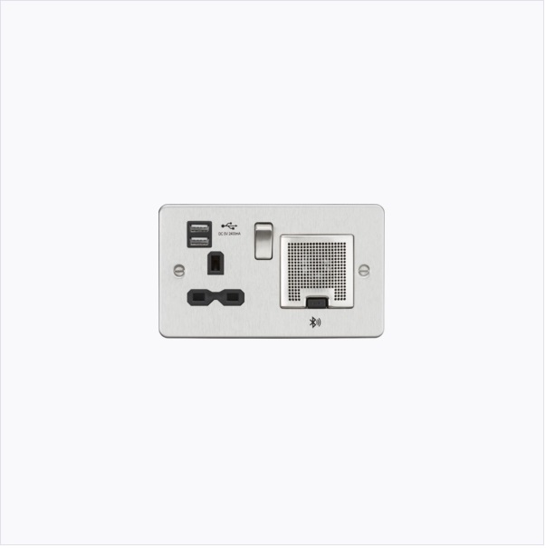 Flat Plate 13A socket, USB chargers (2.4A) and Bluetooth Speaker - Brushed chrome with black insert