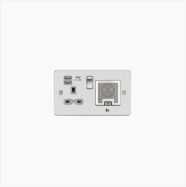 Flat Plate 13A socket, USB chargers (2.4A) and Bluetooth Speaker - Brushed chrome with grey insert
