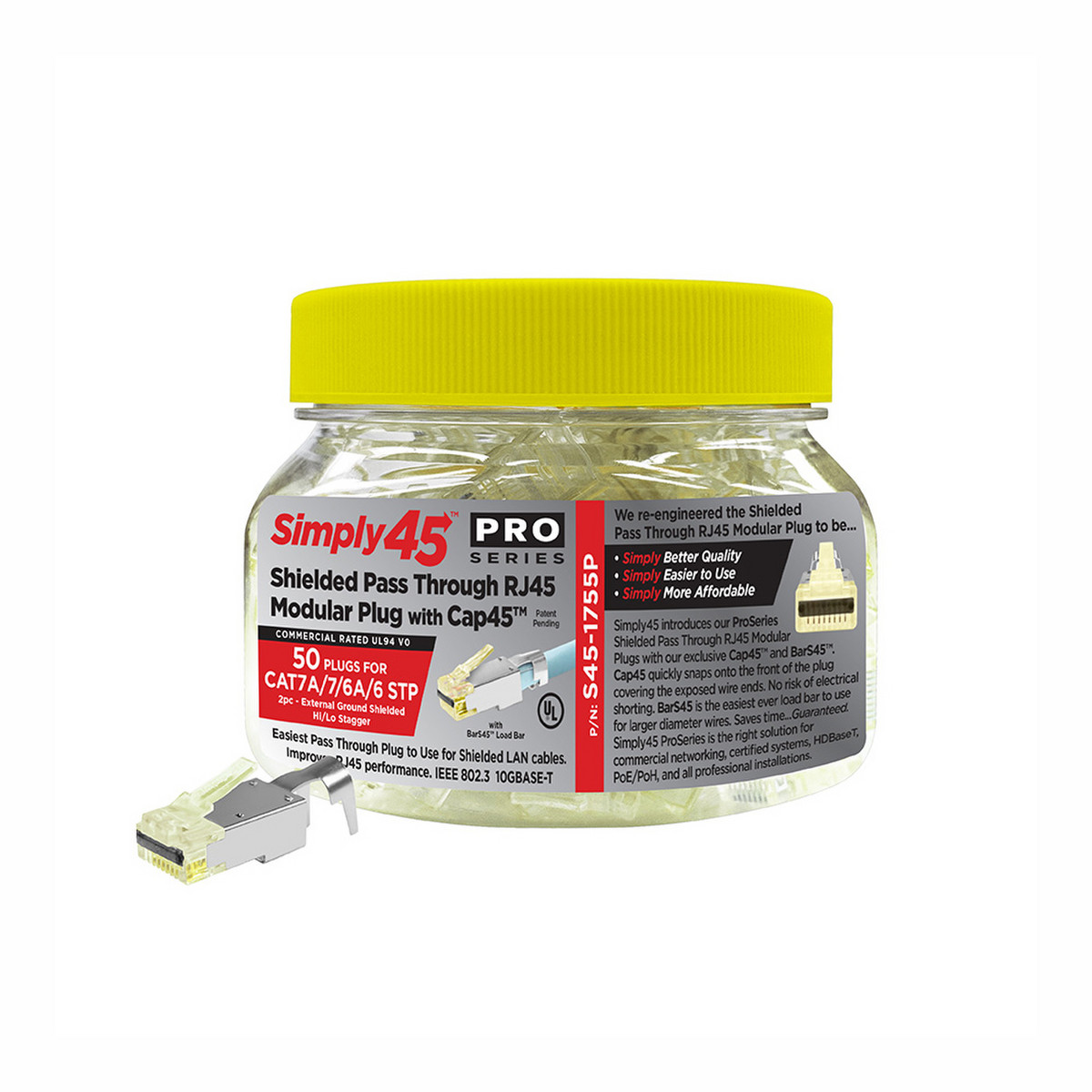 Simply45 Pro Series Shielded Pass Through RJ45 Modular Plugs for CAT6/6A/7/7A STP [Yellow]