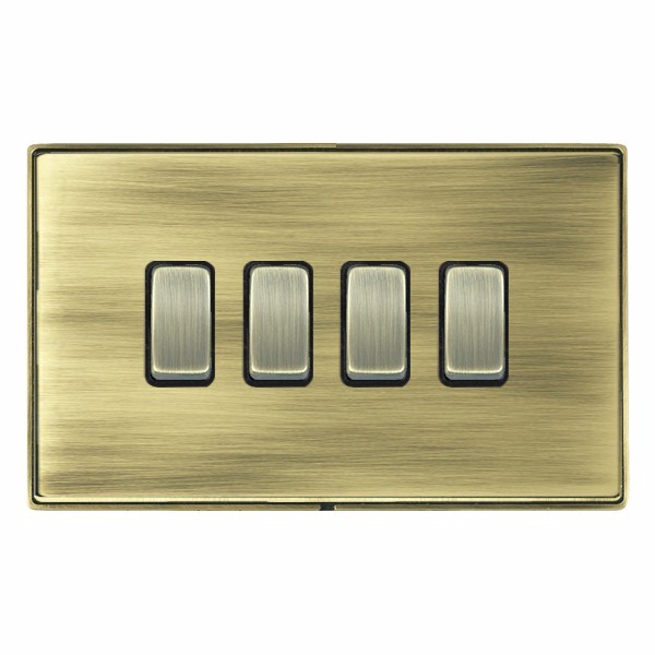 Hamilton LDR24AB-ABB Linea-Duo CFX Antique Brass Frame/Antique Brass Plate 4 Gang 10AX 2 Way Switch with Antique Brass Rockers and Black Surround