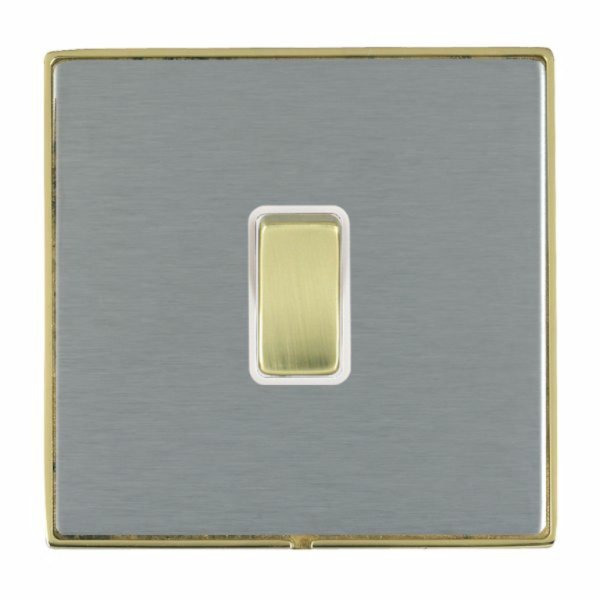 Hamilton LDWRRTPB-SSW Linea-Duo CFX Polished Brass Frame/Satin Steel Plate 1 Gang 10AX Wide Push To Make/Break Retractive Switch with Polished Brass Rocker and White Surround