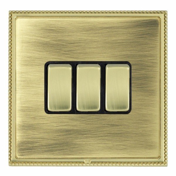 Hamilton LPXWR23PB-ABB Linea-Perlina CFX Polished Brass Frame/Antique Brass Plate 3 Gang 10AX 2 Way Wide Switch with Polished Brass Rockers and Black Surround