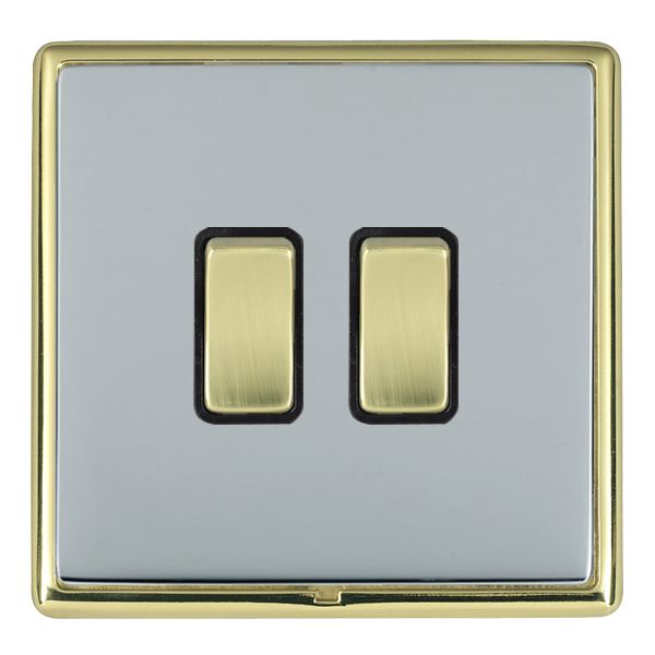 Hamilton Linea-Rondo CFX Polished Brass Frame/Bright Steel Plate 2 Gang 20AX 2 Way Switch with Polished Brass Rockers and Black Surround