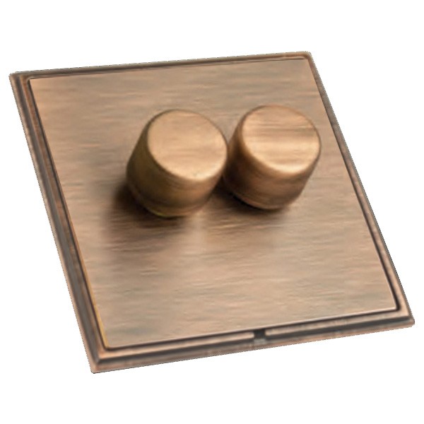 Hamilton Linea-Scala CFX Copper Bronze Frame/Copper Bronze Plate 2 Gang 250W/210VA Multi-Way Push On/Off Rotary Dimmer with Copper Bronze Knobs