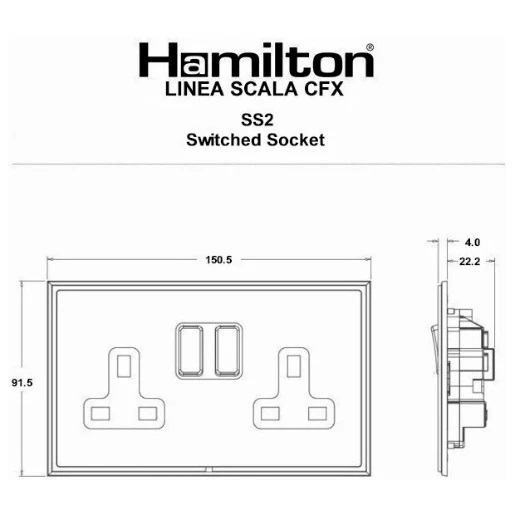 Hamilton Linea-Scala CFX Satin Nickel Frame/Satin Steel Plate 2 Gang 10AX 2 Way Wide Switch with Satin Steel Rockers and Black Surround