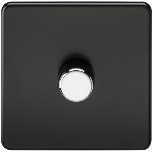 Screwless 1G 2-way 10-200W (5-150W LED) trailing edge dimmer - Matt Black with chrome knob