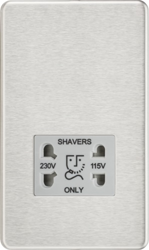 Screwless 115/230V Dual Voltage Shaver Socket - Brushed Chrome with Grey Insert