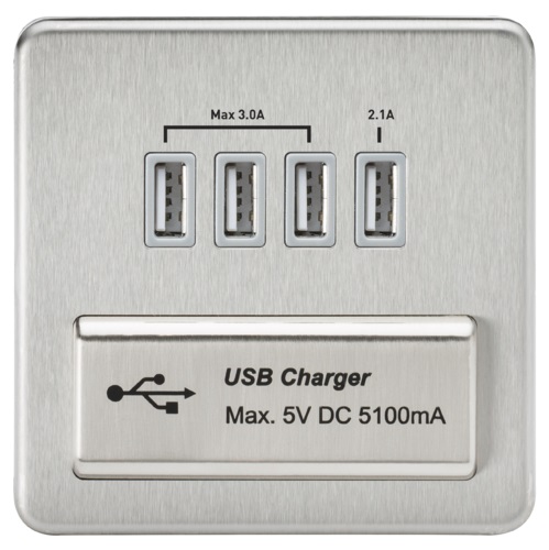 Screwless Quad USB Charger Outlet (5.1A) - Brushed Chrome with Grey Insert