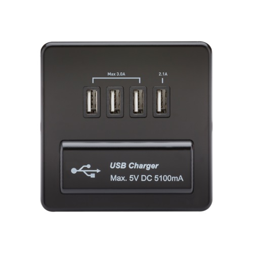 Screwless Quad USB Charger Outlet (5.1A) - Matt Black with Black Insert