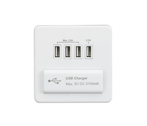 Screwless Quad USB Charger Outlet (5.1A) - Matt White with White Insert
