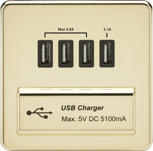 Screwless Quad USB Charger Outlet (5.1A) - Polished Brass with Black Insert